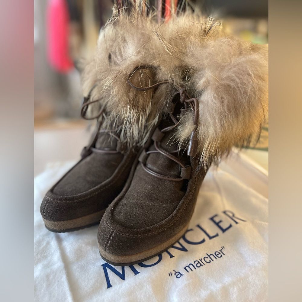 Moncler Charlotte Suede Wedge Boots with Fur Trim (Size 37) NWT Box and dustbag.